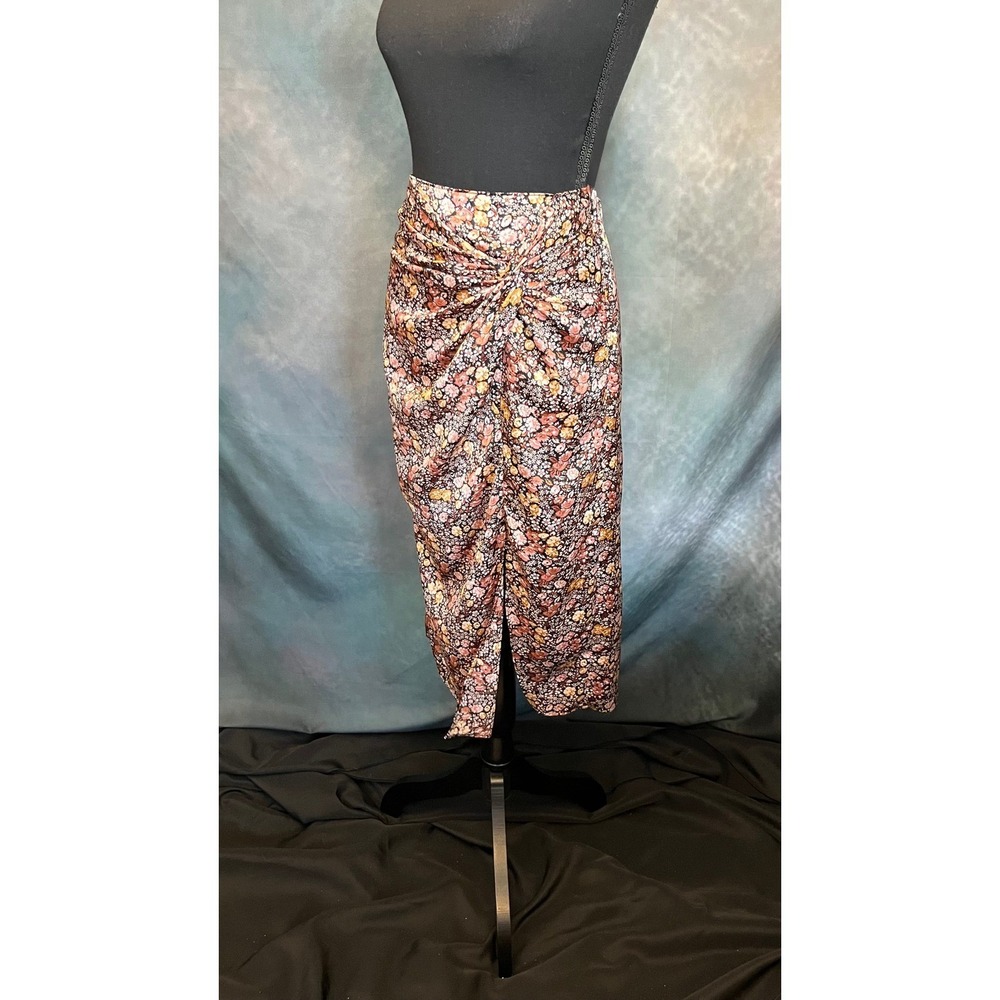Abercrombie & Fitch Ruched Floral Midi Skirt Womens Size Small Brown Pink Yellow - Picture 2 of 8